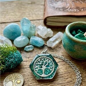 Hexagon Tree of Life Pendant Necklace in Teal-Green